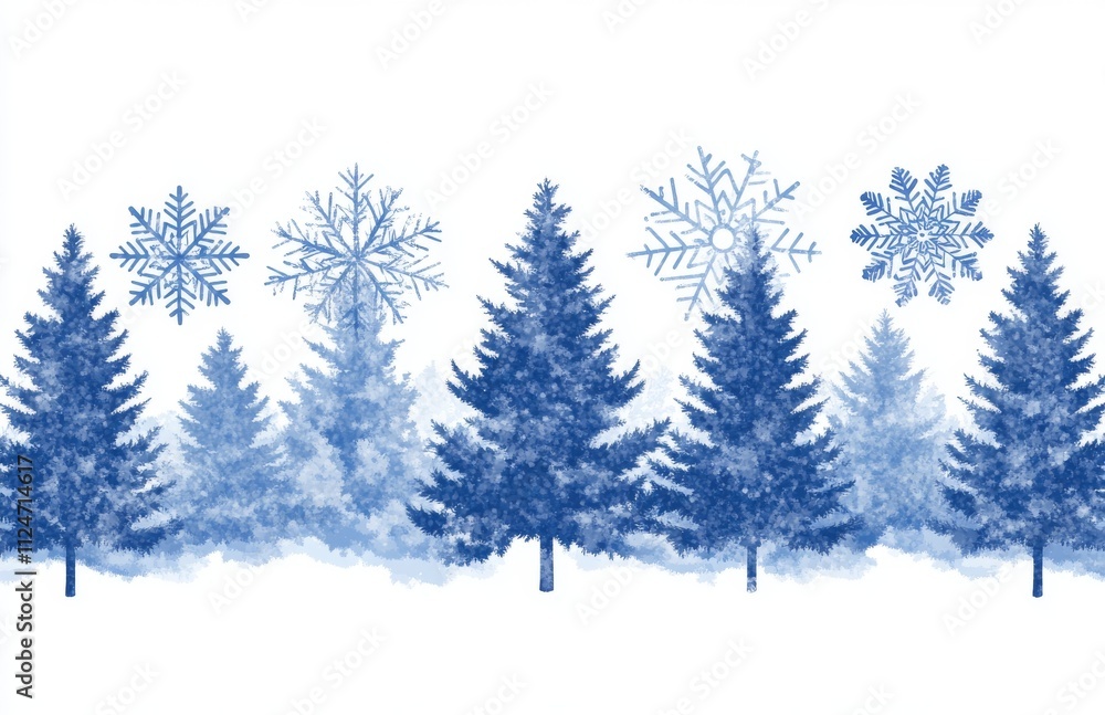 A silhouette of Christmas evergreen trees framed against a winter sky, with snow gently falling and snowflakes adorning the background. A silhouette of Christmas evergreen trees framed against a winter sky, with snow gently falling and snowflakes adorning the background.