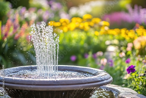 Sunlit water fountain in vibrant garden, sparkling water jets photo