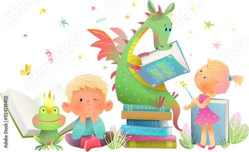 Magic dragon reading fairytale book, little girl and boy listen to a fairytale story. Dragon reading story book, prince frog and children. Vector characters illustration for kids story or library.