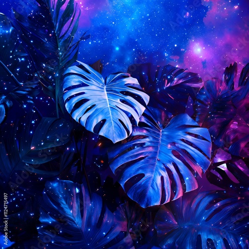 Neon blue jungle leaves with a surreal cosmic background photo