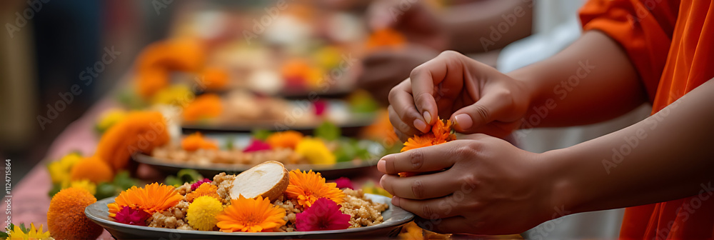 People pay respects to ancestors by offering food and flowers during traditional Pitru Paksha festival observances and rituals worldwide now._00001_ People pay respects to ancestors by offering food and flowers during traditional Pitru Paksha festival observances and rituals worldwide now._00001_