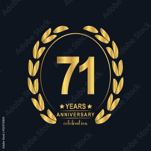 71th Years Anniversary celebration. Vector Template festive illustration Golden Color,. Birthday or wedding party event decoration. photo