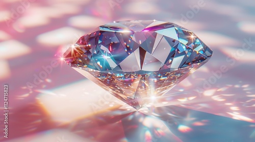 A diamond, Sparkling light round brilliant cut diamond with shadow and glowing lens flares isolated on white background.