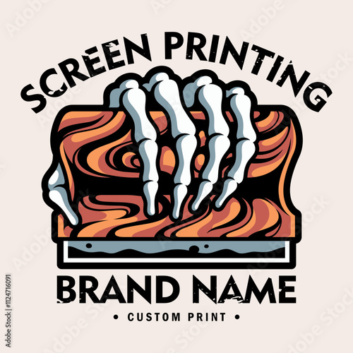 A vector illustration of a skeleton hand performing the screen printing process