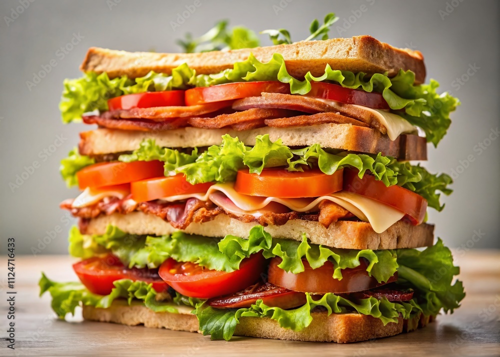 An Exquisite Stack of Gourmet Club Sandwiches Perfectly Layered with Fresh Ingredients, Isolated for a Tempting Visual Treat in Macro Photography Style An Exquisite Stack of Gourmet Club Sandwiches Perfectly Layered with Fresh Ingredients, Isolated for a Tempting Visual Treat in Macro Photography Style