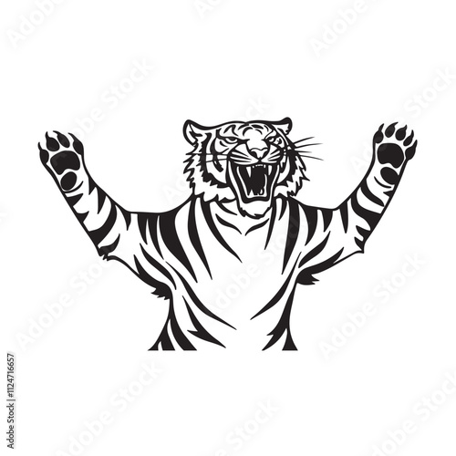 This image showcases a fierce tiger in a dynamic pose, with its arms raised and claws extended.