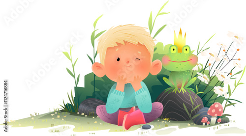 Little boy sitting in a nature with prince frog friend. Prince frog fairytale illustration for kids. Happy childhood kindergarten boy character cartoon. Vector illustration clip art for children story