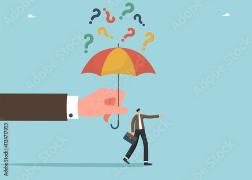 Brainstorming for solving business problems, questions and answers, FAQ, thought process and logic for solving work tasks, large hand protects man with umbrella from falling question marks.