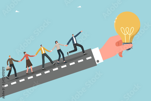 Teamwork to create a successful startup, a brilliant idea for a new business project, cooperation to introduce innovations and financial growth, the team walks the human hand as road to light bulb.