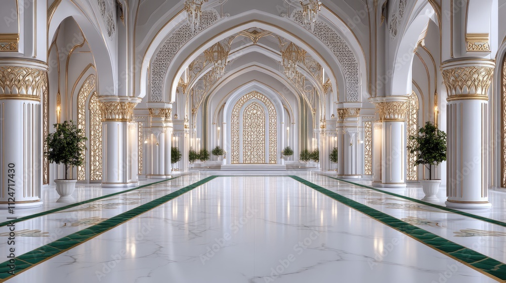 Fototapeta premium Art deco bank entrance hall features a white marble floor, green accents, and grand symmetrical columns for a stunning atmosphere