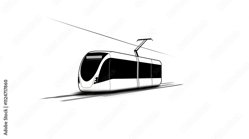 A minimalist drawing of a tram, with simple lines showing the vehicle on a track with no background detail. Minimalist tram icon. A minimalist drawing of a tram, with simple lines showing the vehicle on a track with no background detail. Minimalist tram icon.