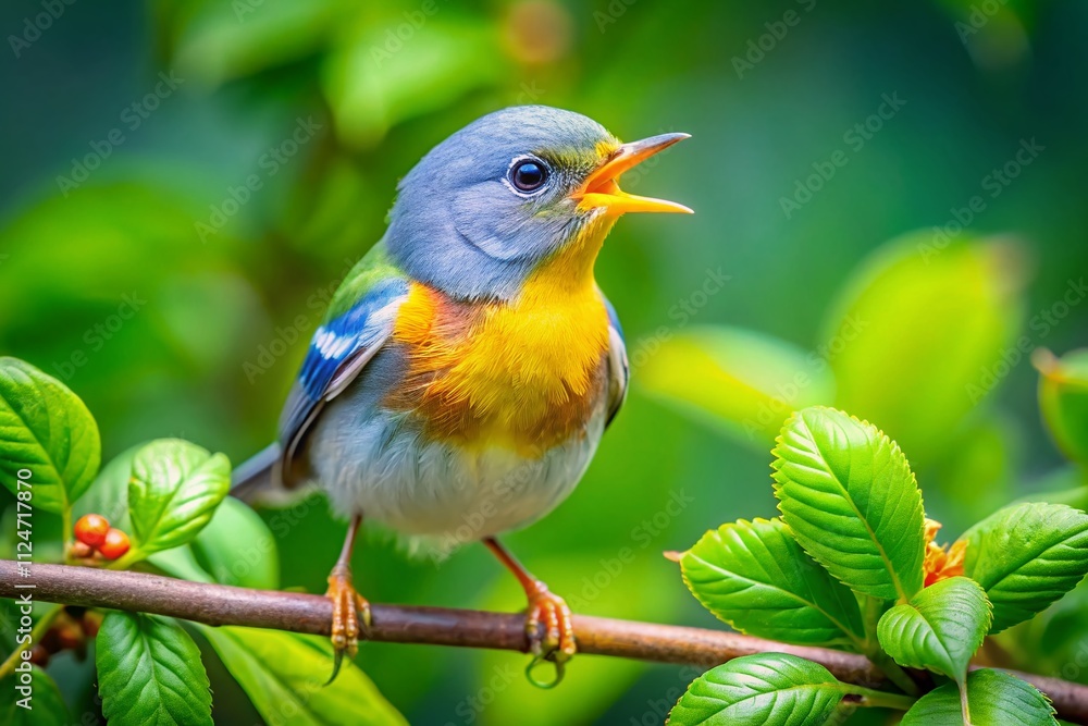Obraz premium A Northern Parula Warbler Chick Calls for Food in Sarasota, Florida, Captured with Tilt-Shift Photography for a Unique Perspective on Nature's Beauty and Wildlife Moments