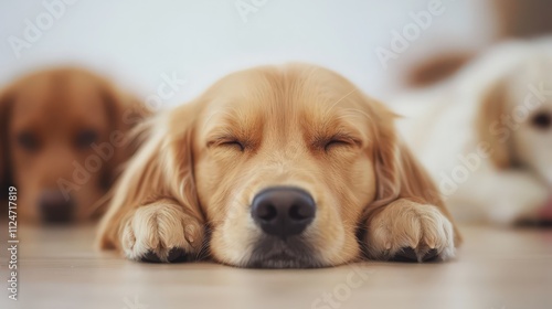 Sleeping golden retriever enjoys a peaceful moment in a cozy indoor space photo