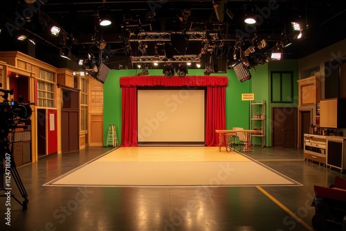 Studio setup for a live television show featuring a red curtain and bright lights