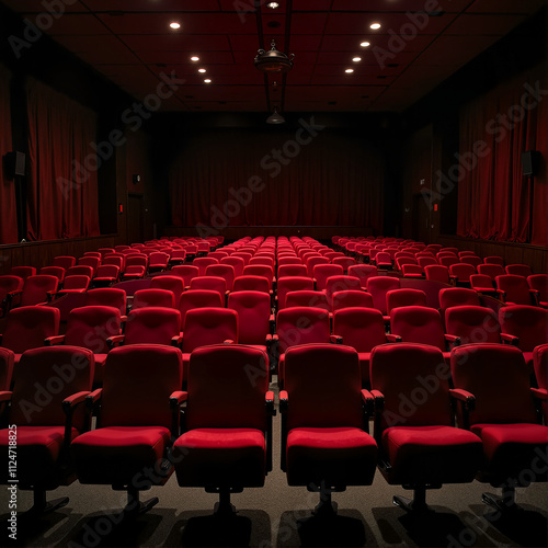 Empty theater auditorium with red seats photo