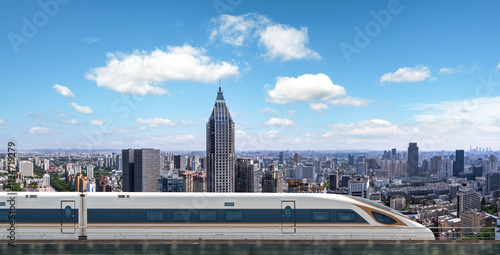Photography Futuristic High-Speed Train Gliding Through an Urban Skyline