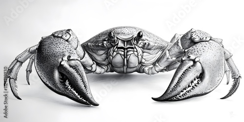 A detailed black and white illustration of a crab showcasing its claws and body structure. photo