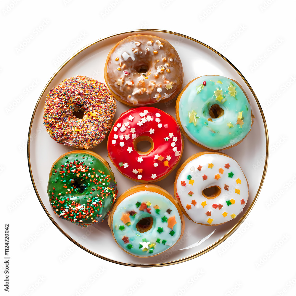 Fototapeta premium Colorful Glazed Donuts Assorted Sweet Treats on Plate Festive Bakery Delicious Dessert 