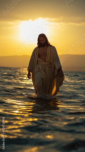 Jesus Christ walking on water over the sea photo