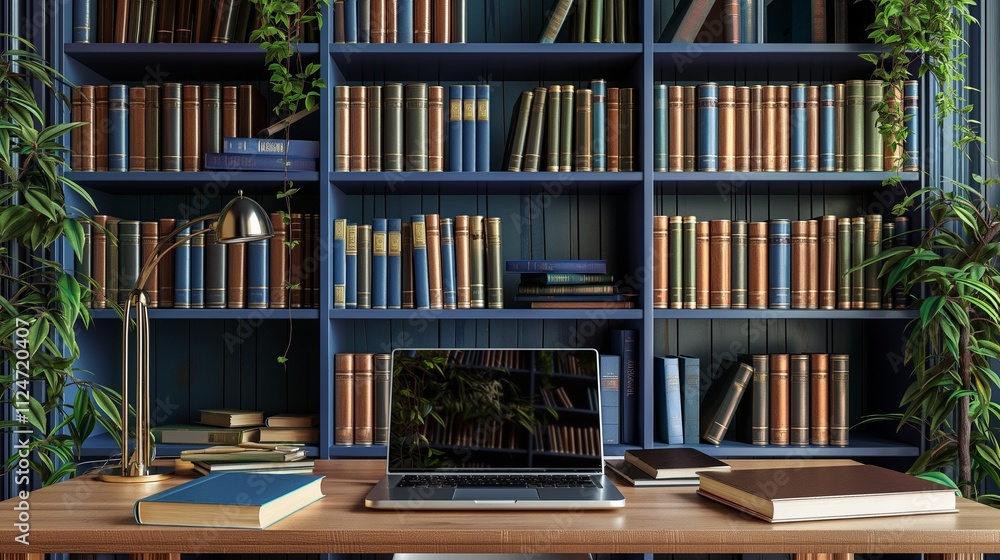 A stylish bookshelf filled with educational books and a laptop on a desk, ready for online learning. A stylish bookshelf filled with educational books and a laptop on a desk, ready for online learning.