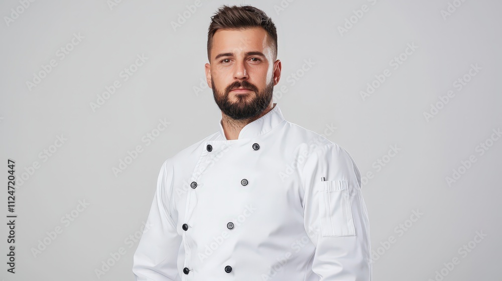 Professional chef in white uniform poses confidently against a plain background Professional chef in white uniform poses confidently against a plain background