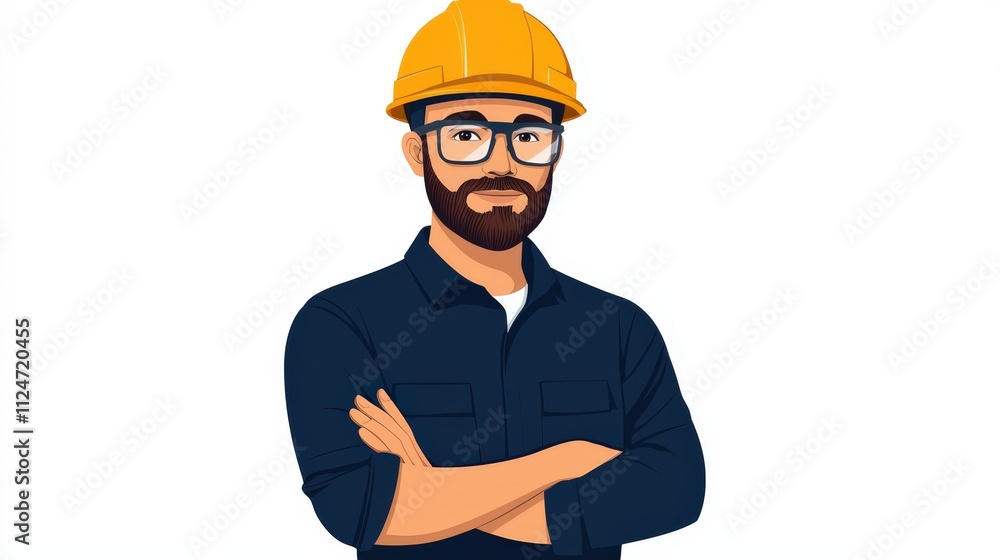 Confident engineer wearing safety helmet stands with arms crossed on a clean white background Confident engineer wearing safety helmet stands with arms crossed on a clean white background