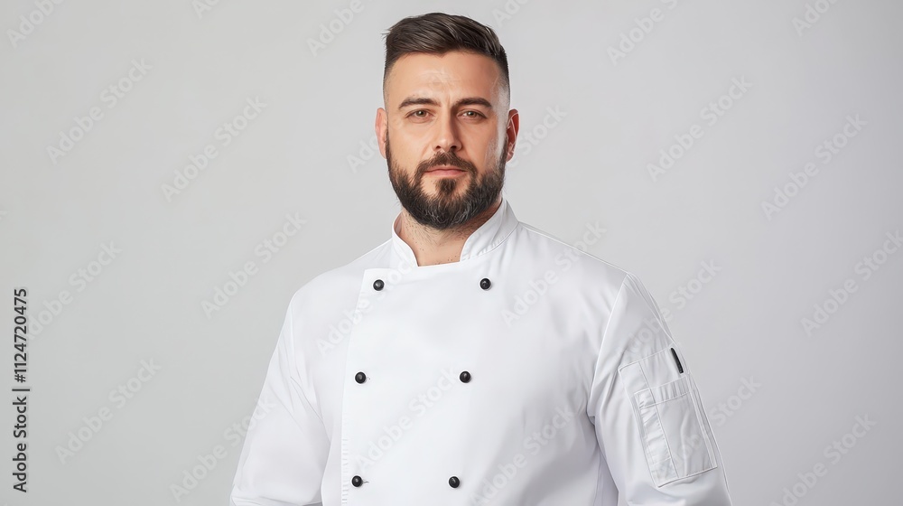 Chef in white uniform standing confidently against a plain white background Chef in white uniform standing confidently against a plain white background