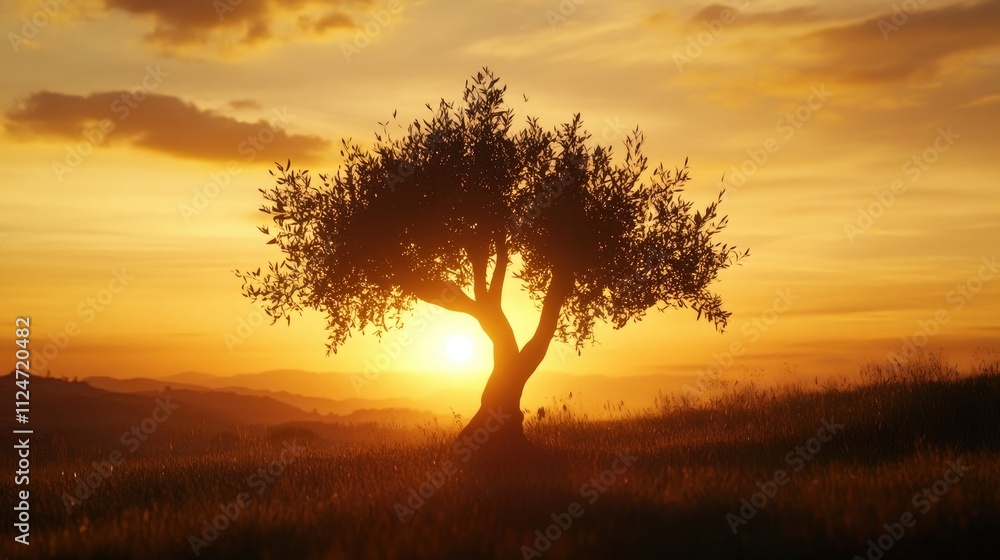A tranquil scene of an olive tree silhouetted against a stunning sunset, with warm golden hues illuminating the sky. A tranquil scene of an olive tree silhouetted against a stunning sunset, with warm golden hues illuminating the sky.