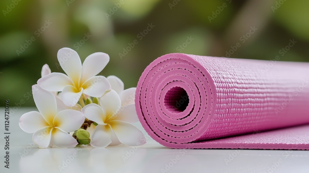 Pink yoga mat with white frangipani flowers on a clean surface Pink yoga mat with white frangipani flowers on a clean surface