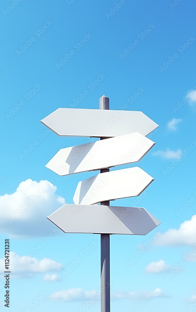Five blank white road signs point in different directions against a bright blue sky with scattered fluffy white clouds._00001_ Five blank white road signs point in different directions against a bright blue sky with scattered fluffy white clouds._00001_