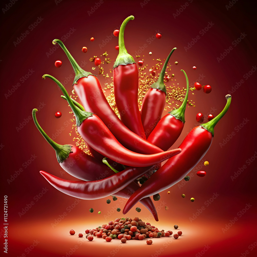 floating red chili peppers with seeds on a red gra floating red chili peppers with seeds on a red gra