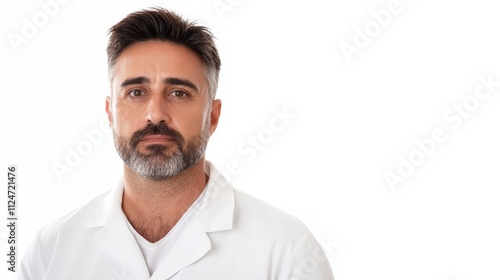 Professional portrait of a male nurse wearing a white coat with serious expression