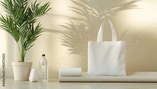 White Tote Bag Mockup with Palm Leaf, Towel, and Water Bottle