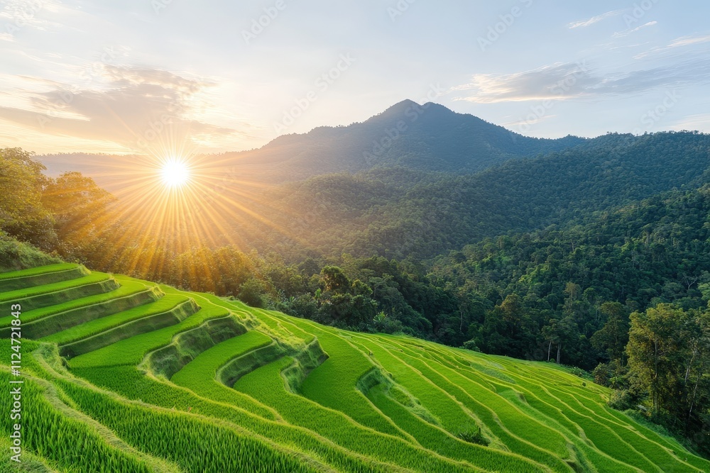 Fototapeta premium Lush Green Mountains and Rice Terraces in Chiang Mai During the Golden Hour