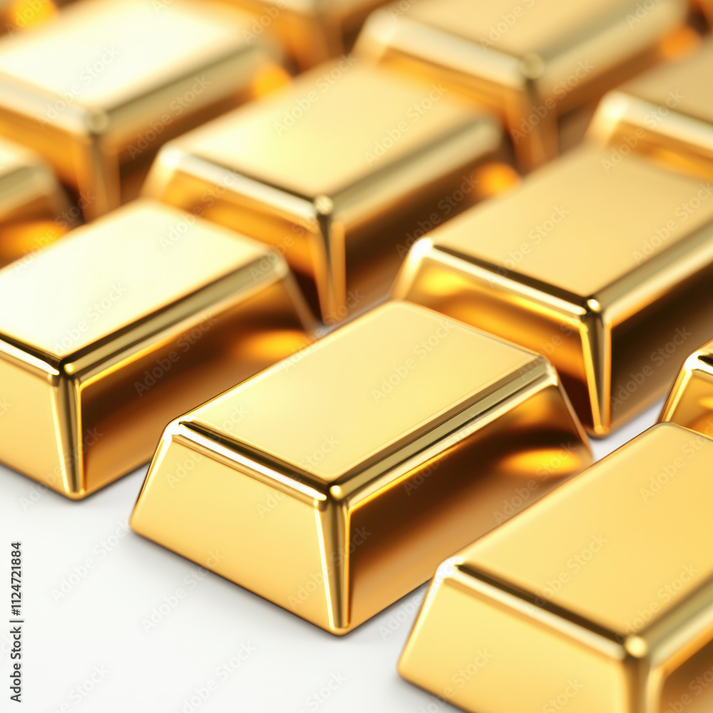 Shiny gold ingots arranged in neat pattern, reflecting light beautifully, isolated design on white background
Shiny gold ingots arranged in neat pattern, reflecting light beautifully, isolated design on white background