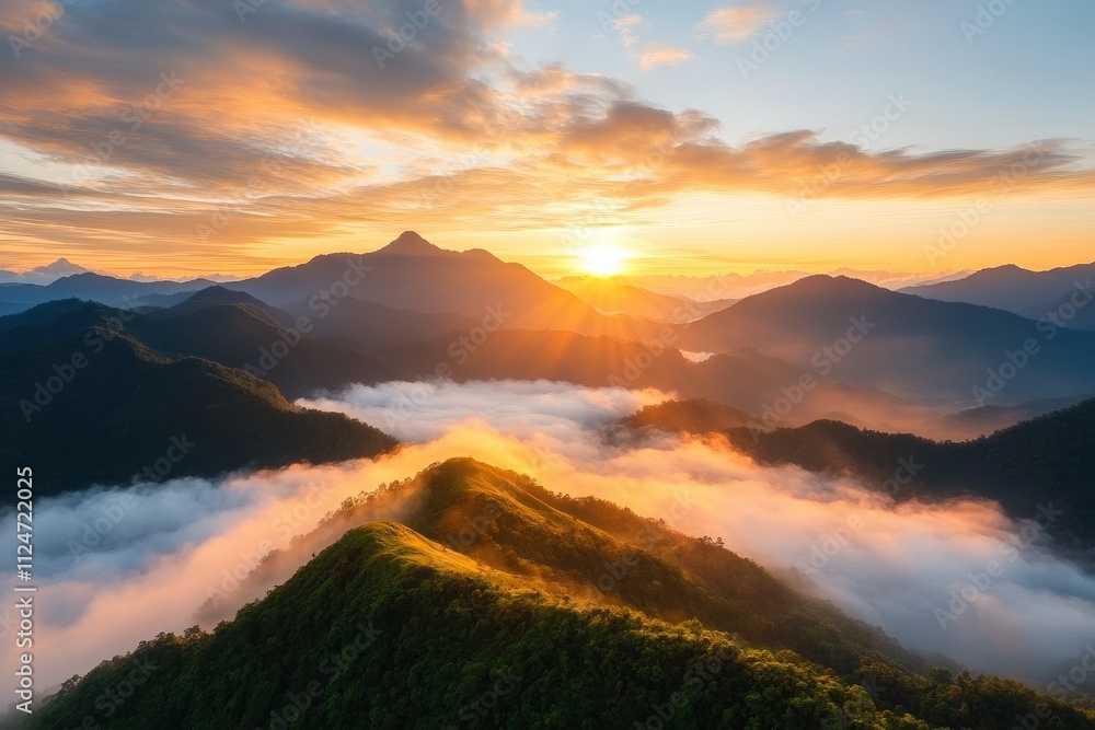 Panoramic Sunrise View Over Chiang Mai Mountains with Mist and Golden Light at Dawn Panoramic Sunrise View Over Chiang Mai Mountains with Mist and Golden Light at Dawn