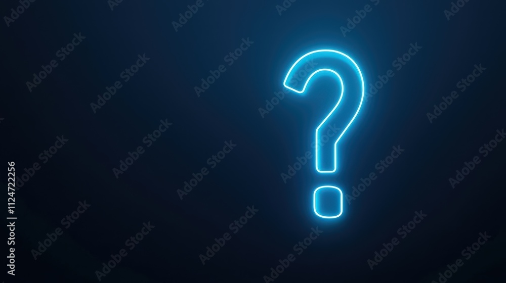 Naklejka premium Neon question mark glowing softly in dark blue background at night