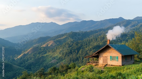 Traditional Wooden House Nestled on a Hilltop Surrounded by Lush Green Mountains and Scenic Nature View