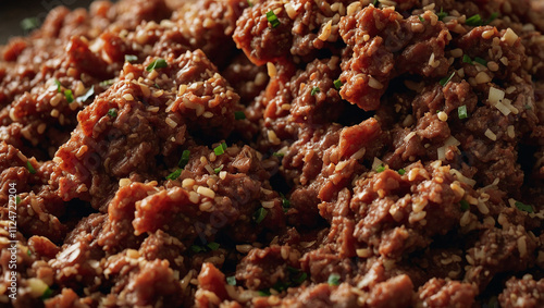 A large pile of brown seasoned ground meat. Small green pieces are visible.