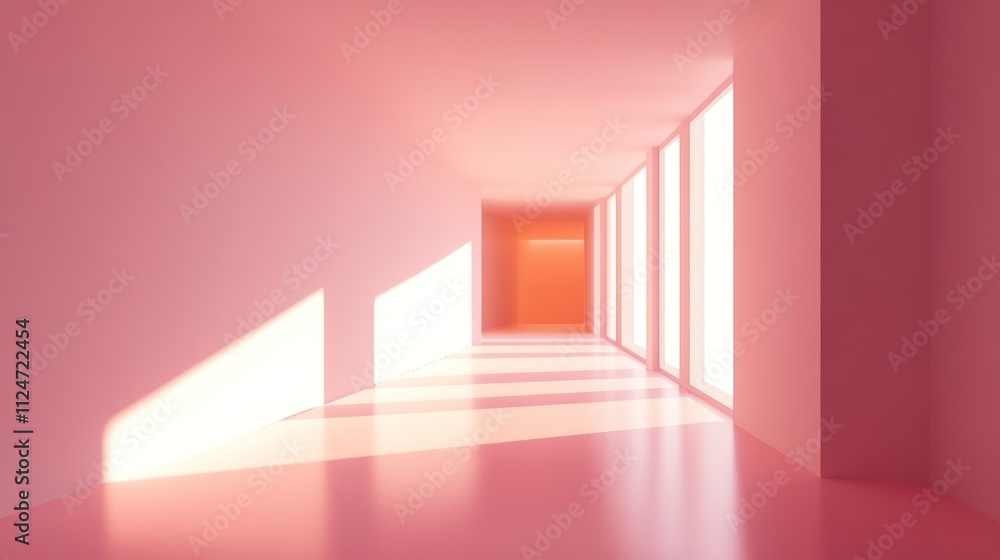 Obraz premium A serene, minimalistic corridor bathed in soft pink light, creating a calming atmosphere.