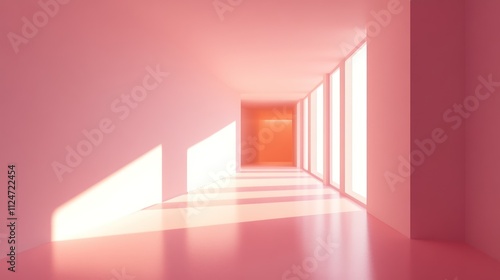 A serene  minimalistic corridor bathed in soft pink light  creating a calming atmosphere.