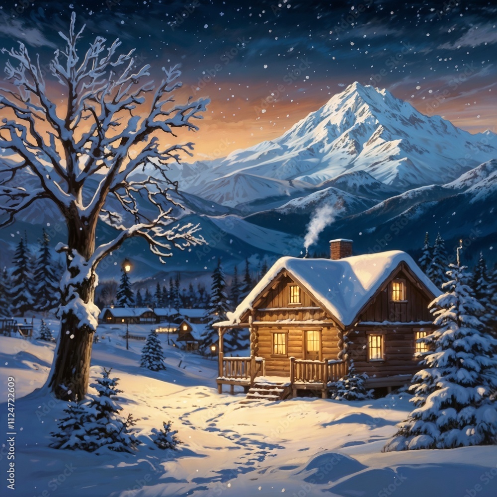 Fototapeta premium Anime-inspired winter evening landscape, featuring a glowing Christmas tree covered with ornaments and fairy lights. Falling snowflakes sparkle under the cold moonlight. Majestic snow-capped mountains