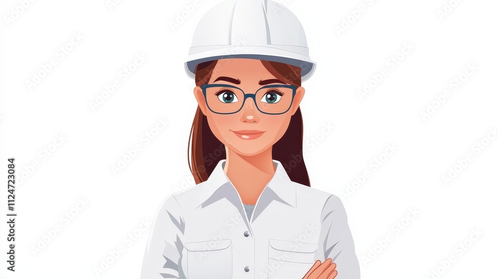 Woman engineer wearing a white hard hat and glasses stands with arms crossed on a white background Woman engineer wearing a white hard hat and glasses stands with arms crossed on a white background