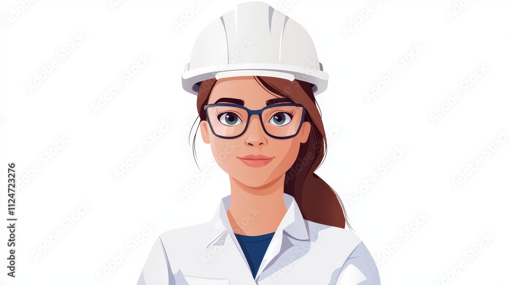 Woman engineer in white attire with safety helmet and glasses on isolated background Woman engineer in white attire with safety helmet and glasses on isolated background