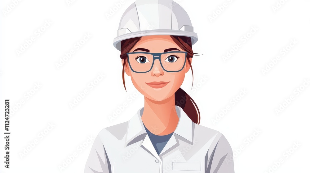 Woman engineer with glasses and hard hat standing confidently on a white background Woman engineer with glasses and hard hat standing confidently on a white background