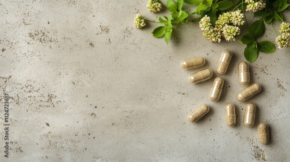 Natural Herbal Supplements with Green Leaves and White Flowers Background Natural Herbal Supplements with Green Leaves and White Flowers Background