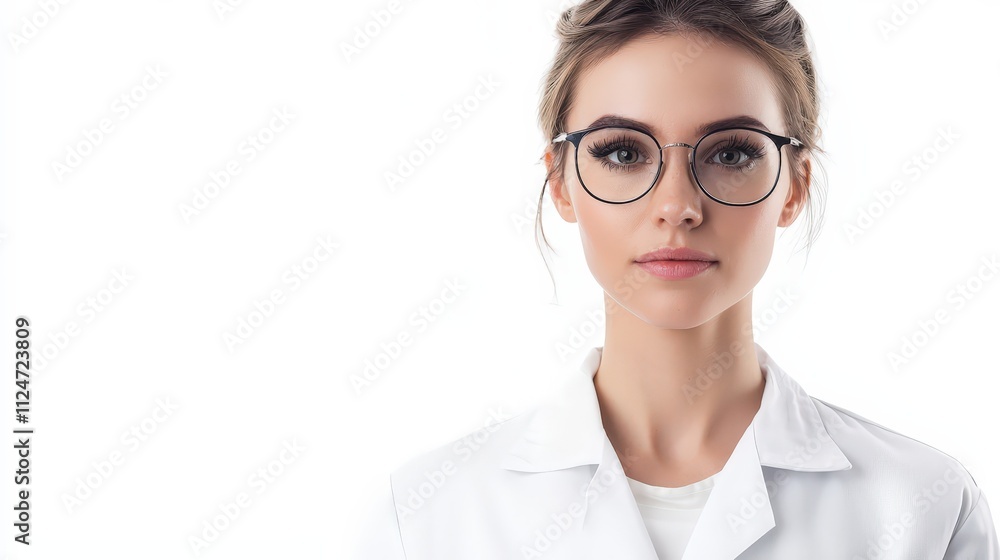 Woman scientist posed in a professional setting with glasses and a lab coat expressing confidence Woman scientist posed in a professional setting with glasses and a lab coat expressing confidence