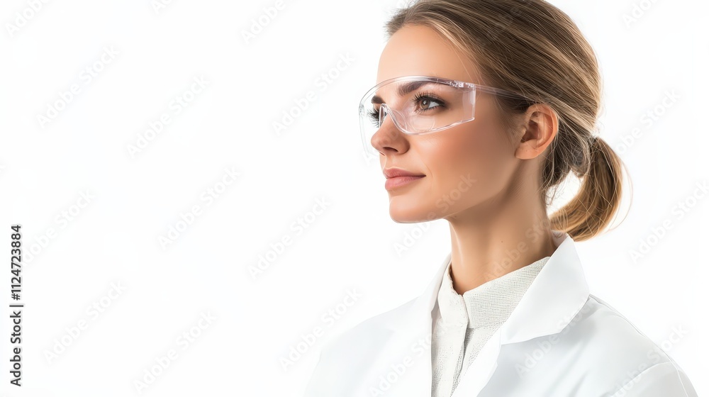 Professional scientist portrait featuring a woman in a lab coat with protective eyewear Professional scientist portrait featuring a woman in a lab coat with protective eyewear