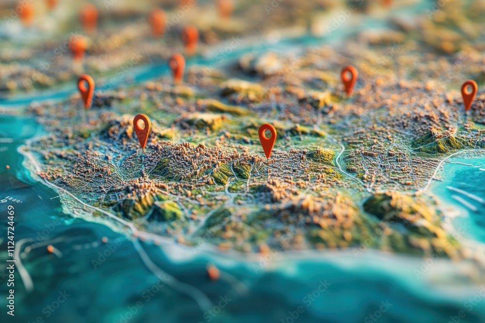 3D map, topographical relief red location pins connected network coastal region aerial view 3D map, topographical relief red location pins connected network coastal region aerial view