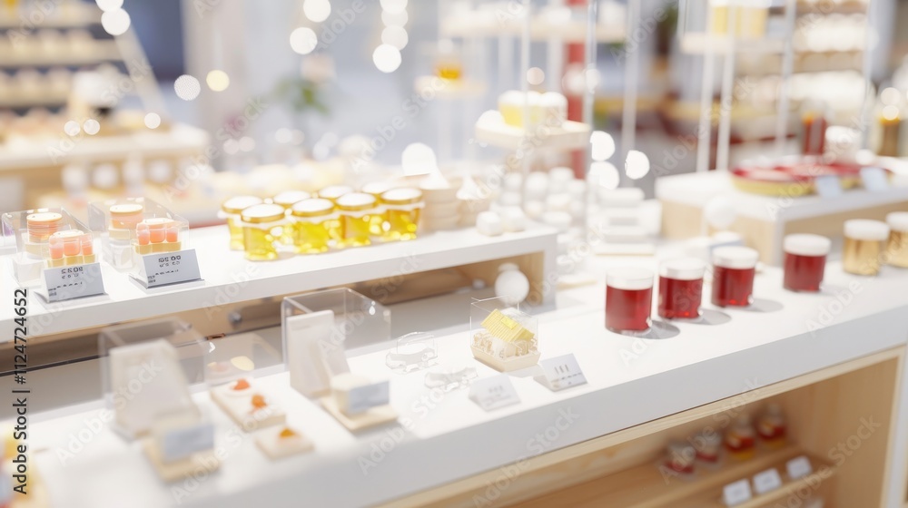 Elevated View of Tidy Product Promotion Stand, Highlighting Array of Items with Attention-Grabbing Price Tags in Sleek Minimalist Setting. Elevated View of Tidy Product Promotion Stand, Highlighting Array of Items with Attention-Grabbing Price Tags in Sleek Minimalist Setting.